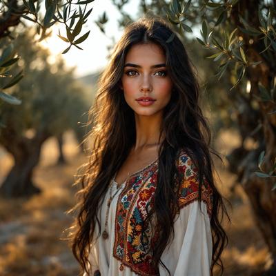 The primary subject of the image is a woman with long, flowing hair. She is wearing a flowery top and is standing in front of a tree. The setting appears to be a natural environment, possibly a forest or a park. The visual style of the image is a photo, capturing the woman's beauty and the surrounding greenery. The colors in the image are predominantly green, with the woman's outfit and the tree providing a sense of tranquility and harmony with nature.